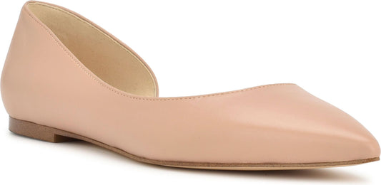 Nude-colored, pointed-toe, flat shoe.