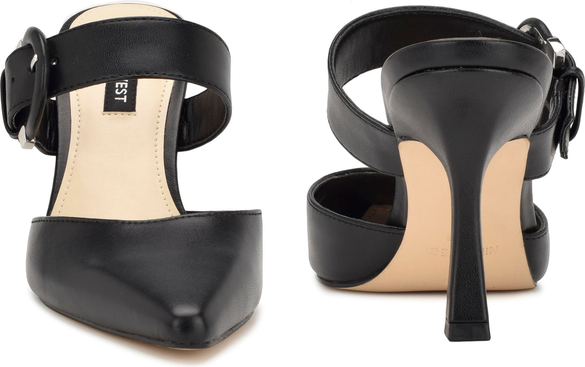 Black, pointed-toe heel mule with a black strap and buckle.