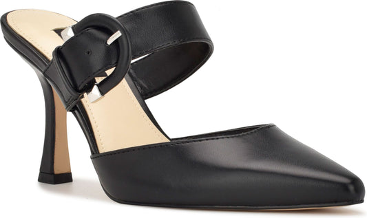 Black, heeled mule with a silver buckle.