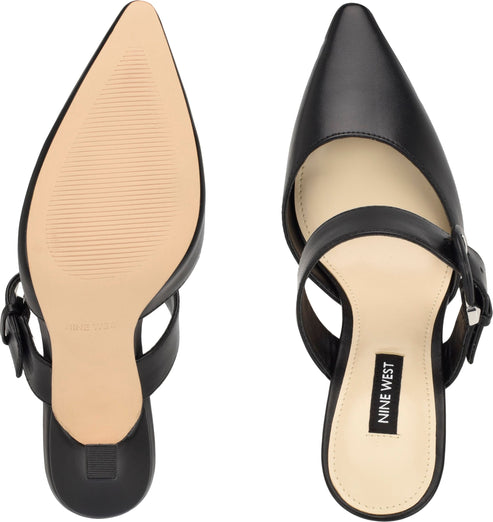 Two black heels from a top-down view; one heel is upside down and the other one is right-side up; both heels have a pointed toe, a strap across the foot, a buckle, and the text "NINE WEST" is visible on one heel's sole.