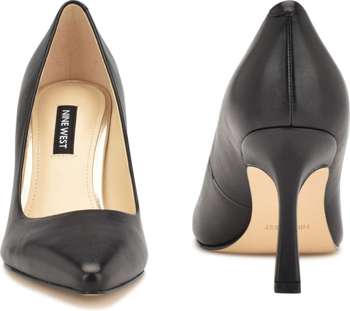 Pair of black, leather, pointed-toe high heels; “NINE WEST” visible inside.