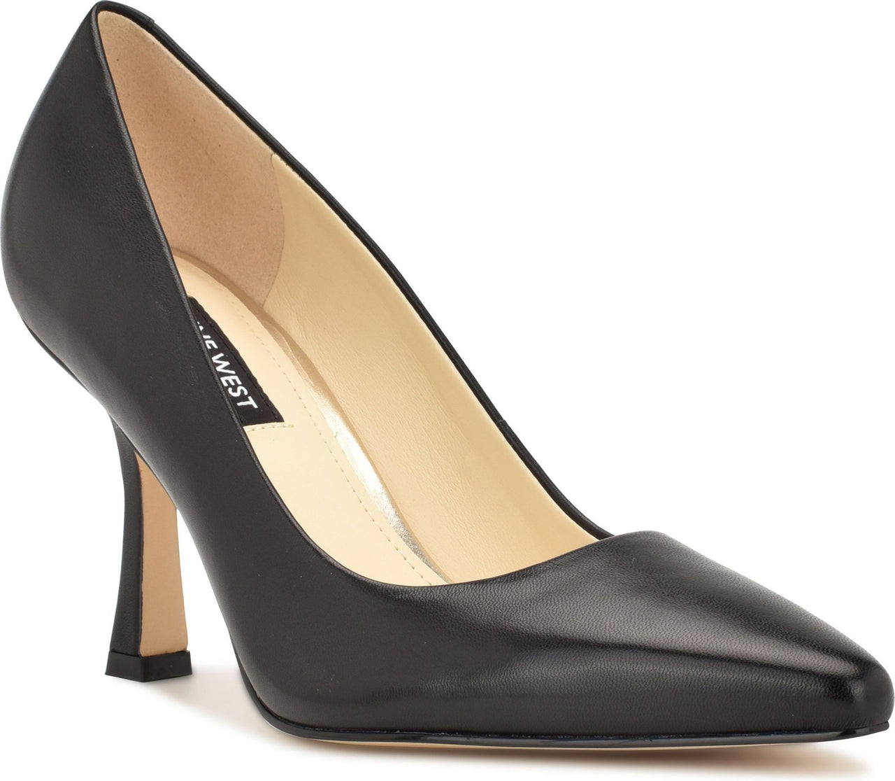 Black leather high heel pump with pointed toe, narrow heel and Nine West logo on the inner side.