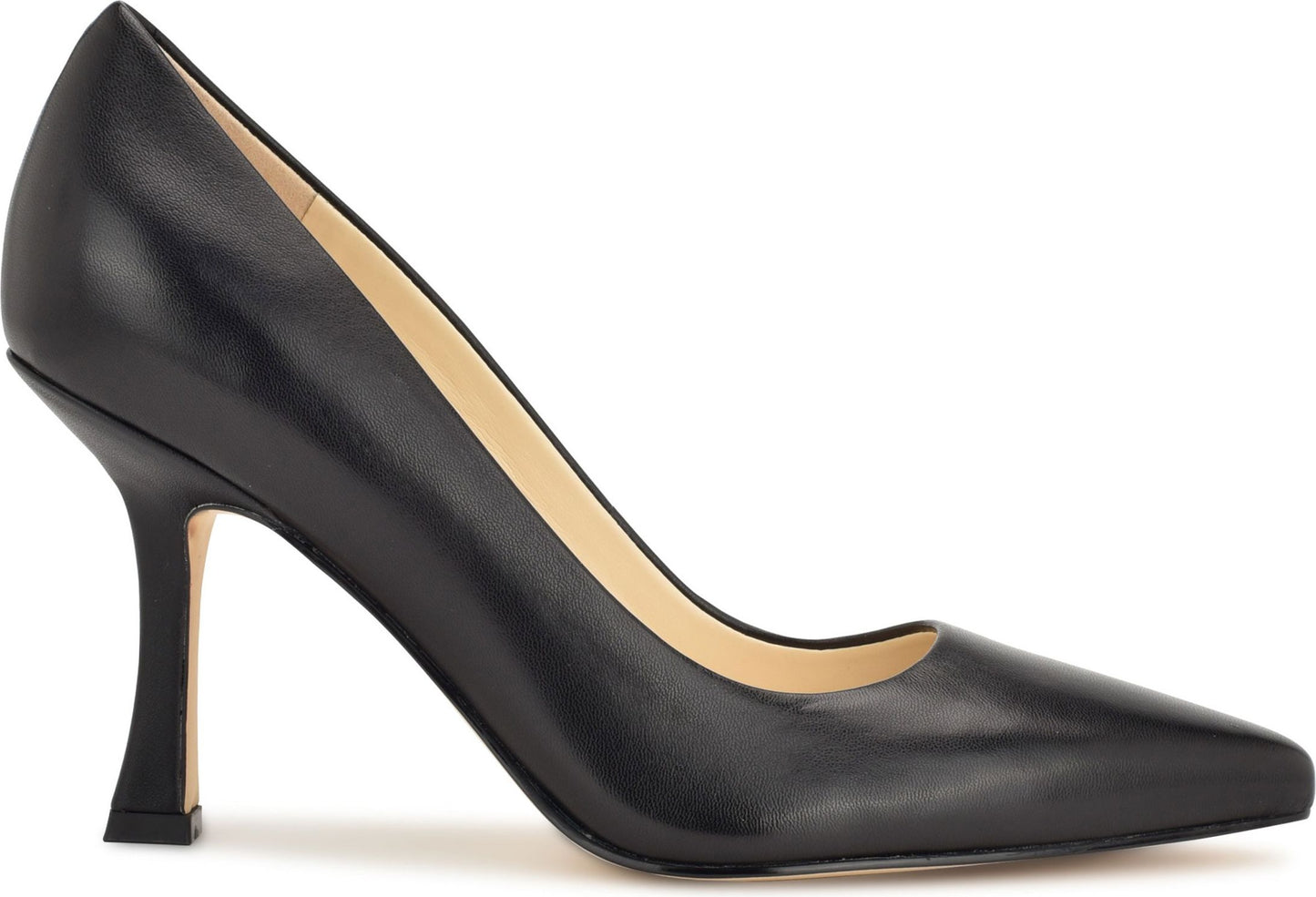 Black leather high heel pump with a pointed toe.