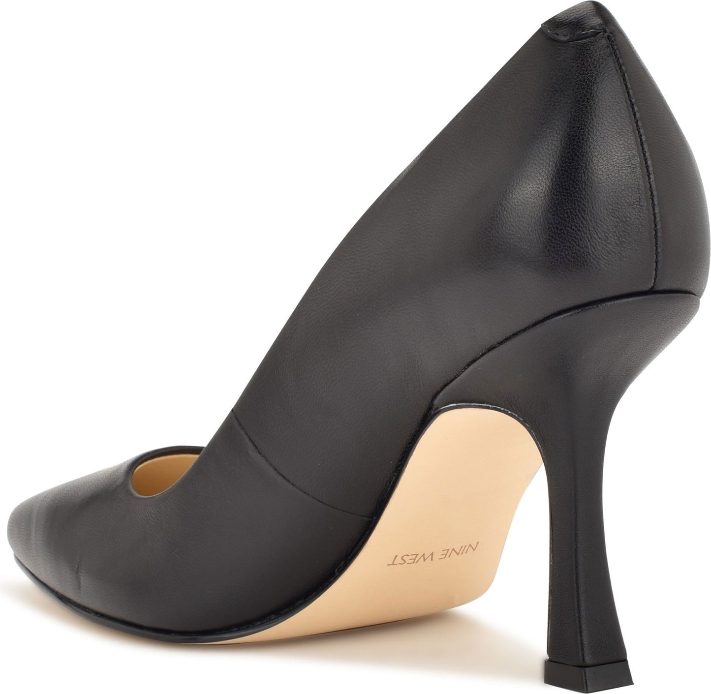 Black leather pump with a flared heel.