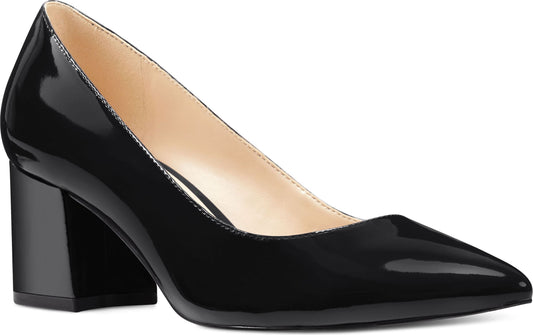 Black patent leather pointed toe heeled dress shoe.