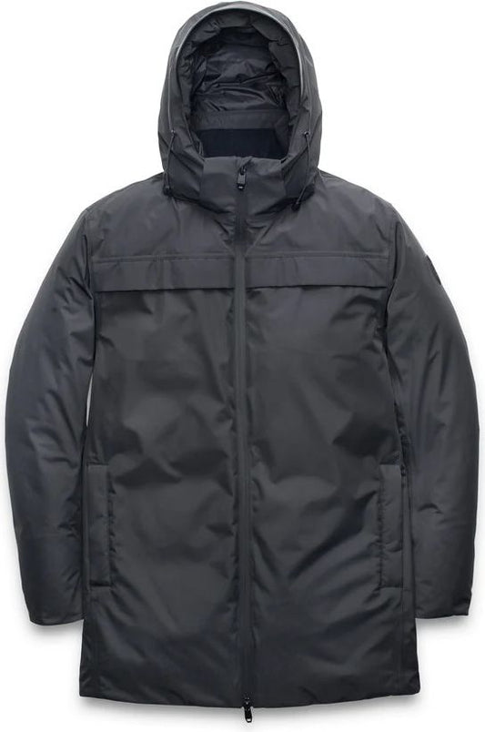 Dark gray long hooded winter parka with zipper and pockets.