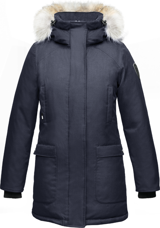 Navy blue parka with a fur-lined hood, long sleeves, and pockets.