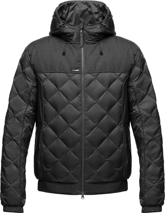 Black hooded quilted jacket.