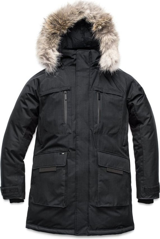 Black parka-style coat with faux fur trim around the hood and multiple pockets.