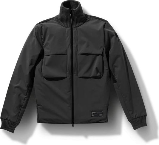 Black jacket with knit collar and cuffs, zip front, and two front pockets.