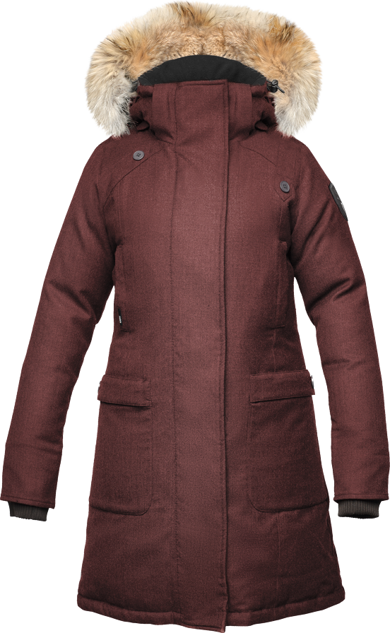 Maroon parka with a fur-trimmed hood and pockets.