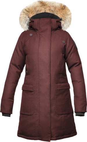 Maroon parka with a fur-trimmed hood and pockets.