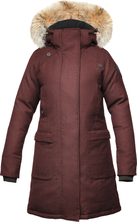 Maroon parka with a fur-trimmed hood and pockets.