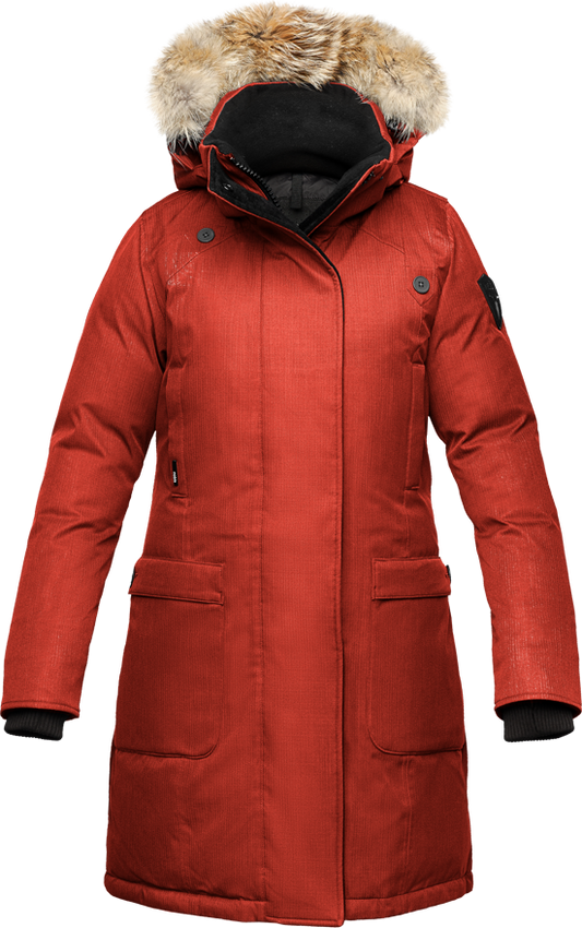 Red hooded parka with fur trim.