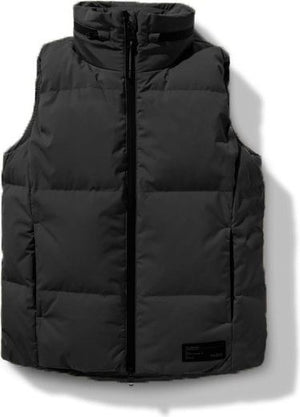 A black, sleeveless, puffer vest with a full zipper.