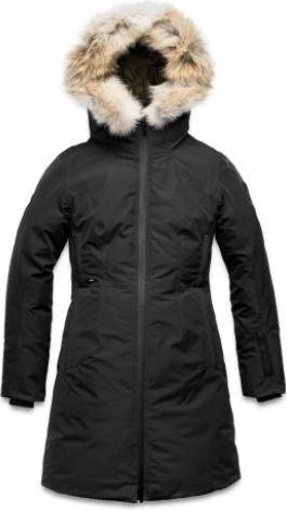 Black parka coat with a fur-trimmed hood.