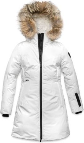 White winter coat with fur hood and black zipper and cuffs.