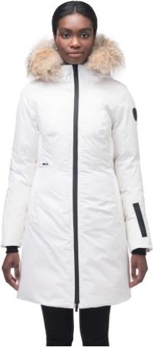 A woman wears a white parka with a fur-trimmed hood and black zipper.