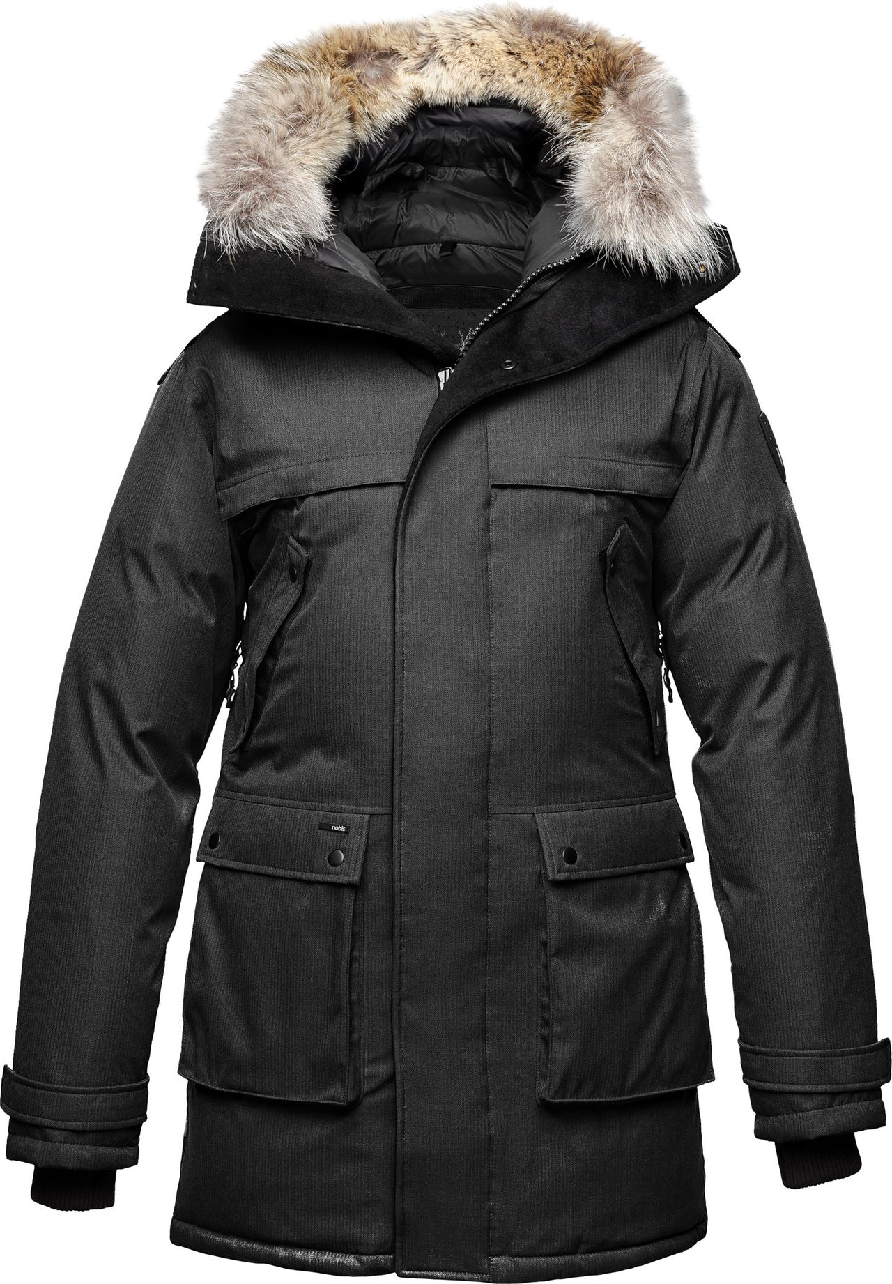 Black winter jacket with fur hood, multiple pockets and button closures.