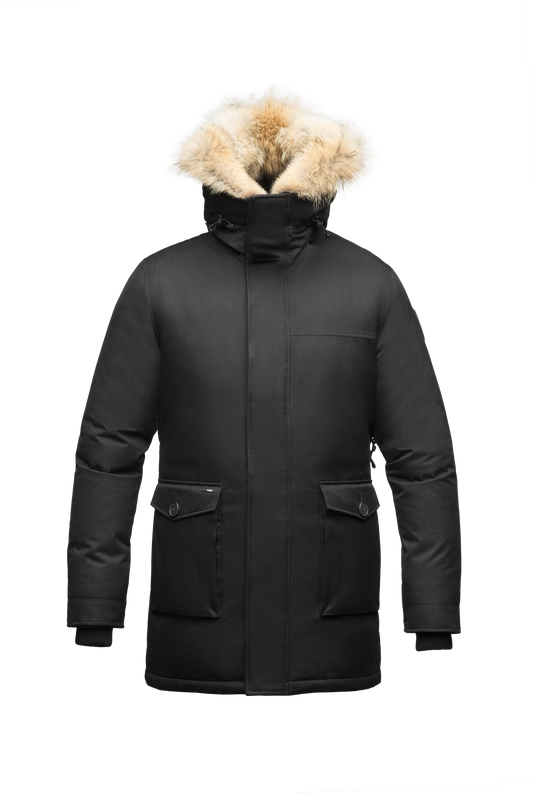 Black parka with fur trim hood.