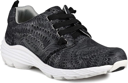 Black and grey swirl patterned shoe with black laces and a white sole.