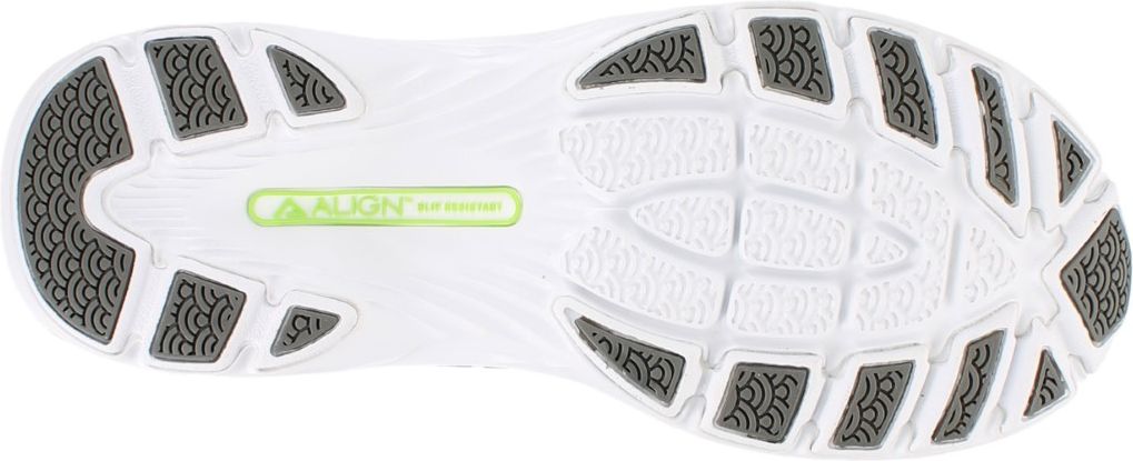 Bottom view of shoe with grey patterned tread.