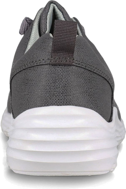 Rear view of a grey canvas sneaker with a white rubber sole.