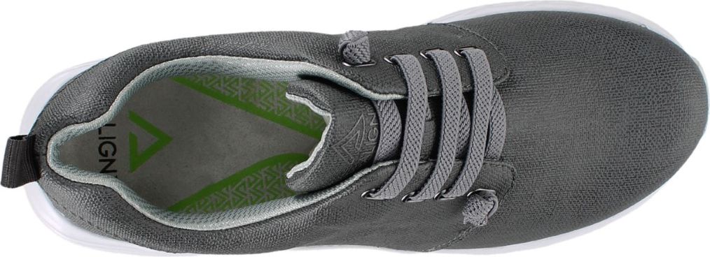 Overhead view of a gray sneaker with white sole and laces.