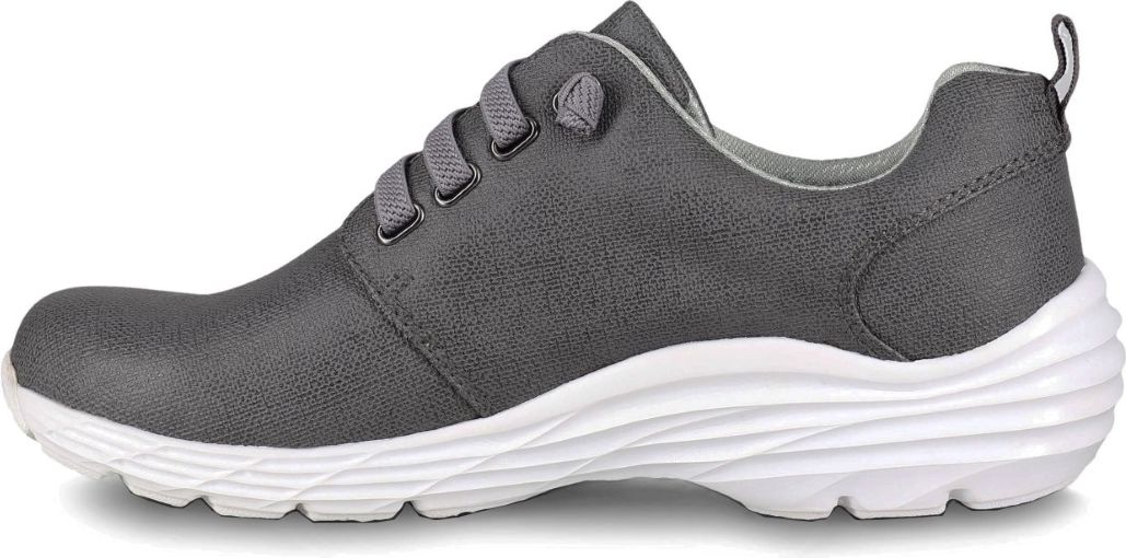 A gray walking shoe with white soles.