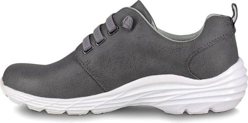 A gray walking shoe with white soles.