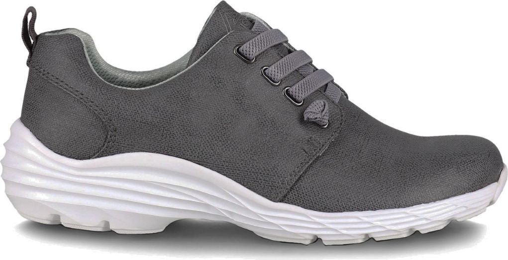 A gray shoe with gray laces and a thick, white sole.