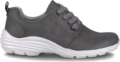 A gray shoe with gray laces and a thick, white sole.