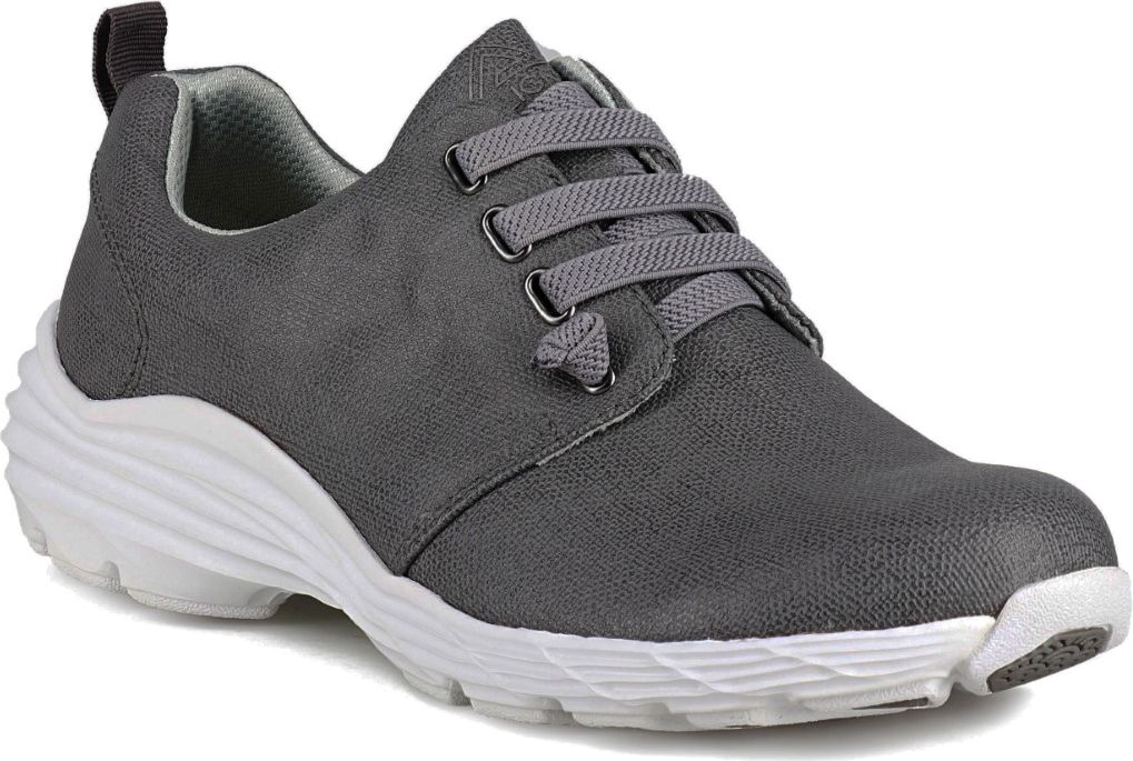 A gray, laced sneaker with a thick, white rubber sole and a pull tab on the heel.