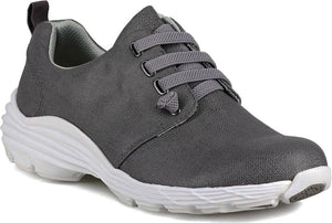 A gray, laced sneaker with a thick, white rubber sole and a pull tab on the heel.