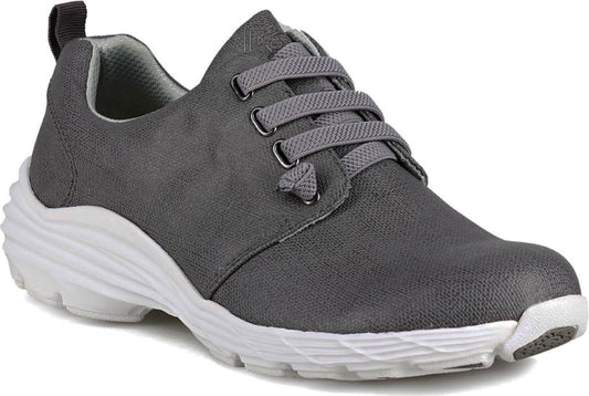 A gray, laced sneaker with a thick, white rubber sole and a pull tab on the heel.