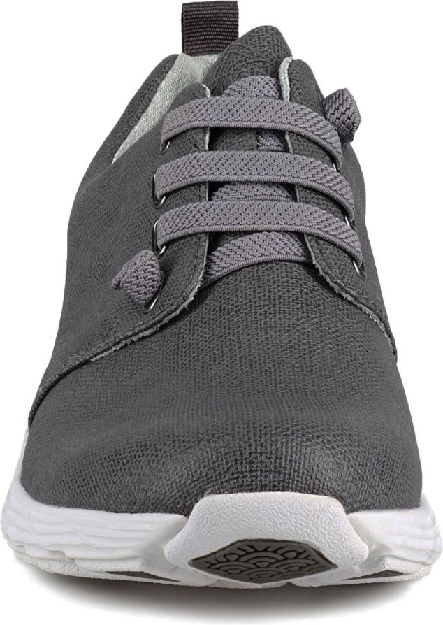A low-top gray canvas sneaker with gray laces and a white sole.