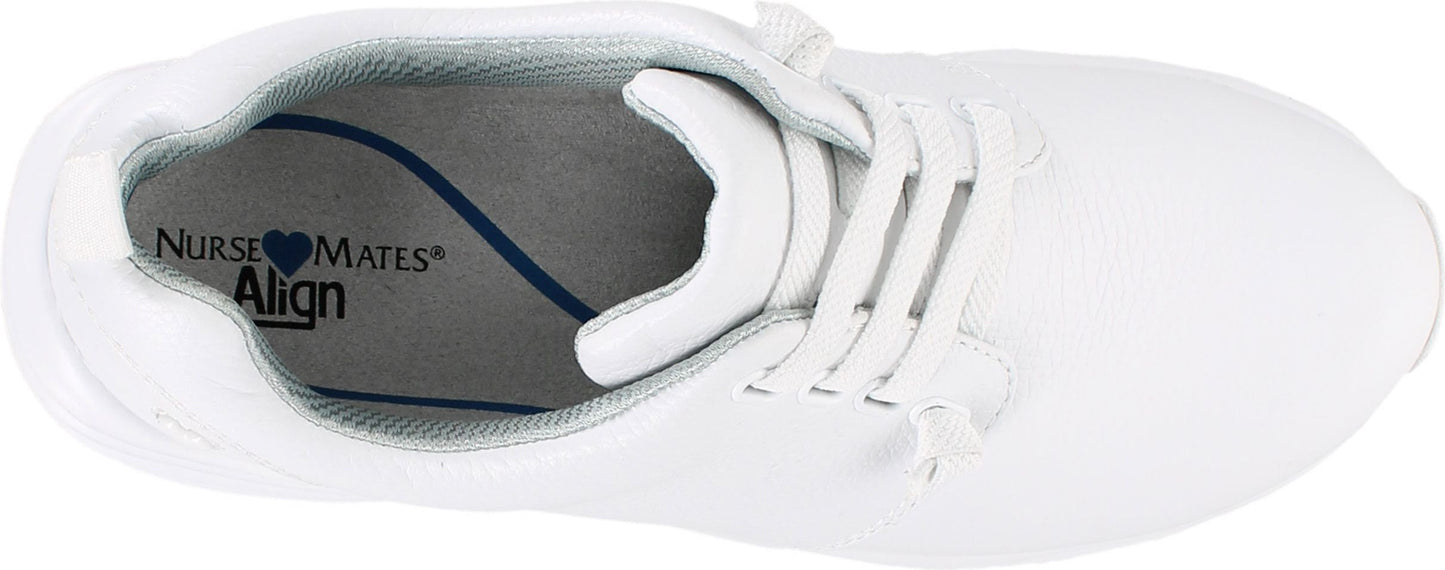 A close-up overhead shot of a white shoe, displaying a lace-up design.