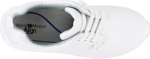 A close-up overhead shot of a white shoe, displaying a lace-up design.
