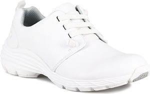 White lace-up sneaker with a low profile and a rounded toe.