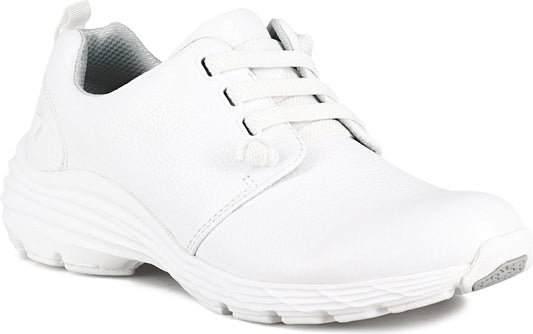 White lace-up sneaker with a low profile and a rounded toe.