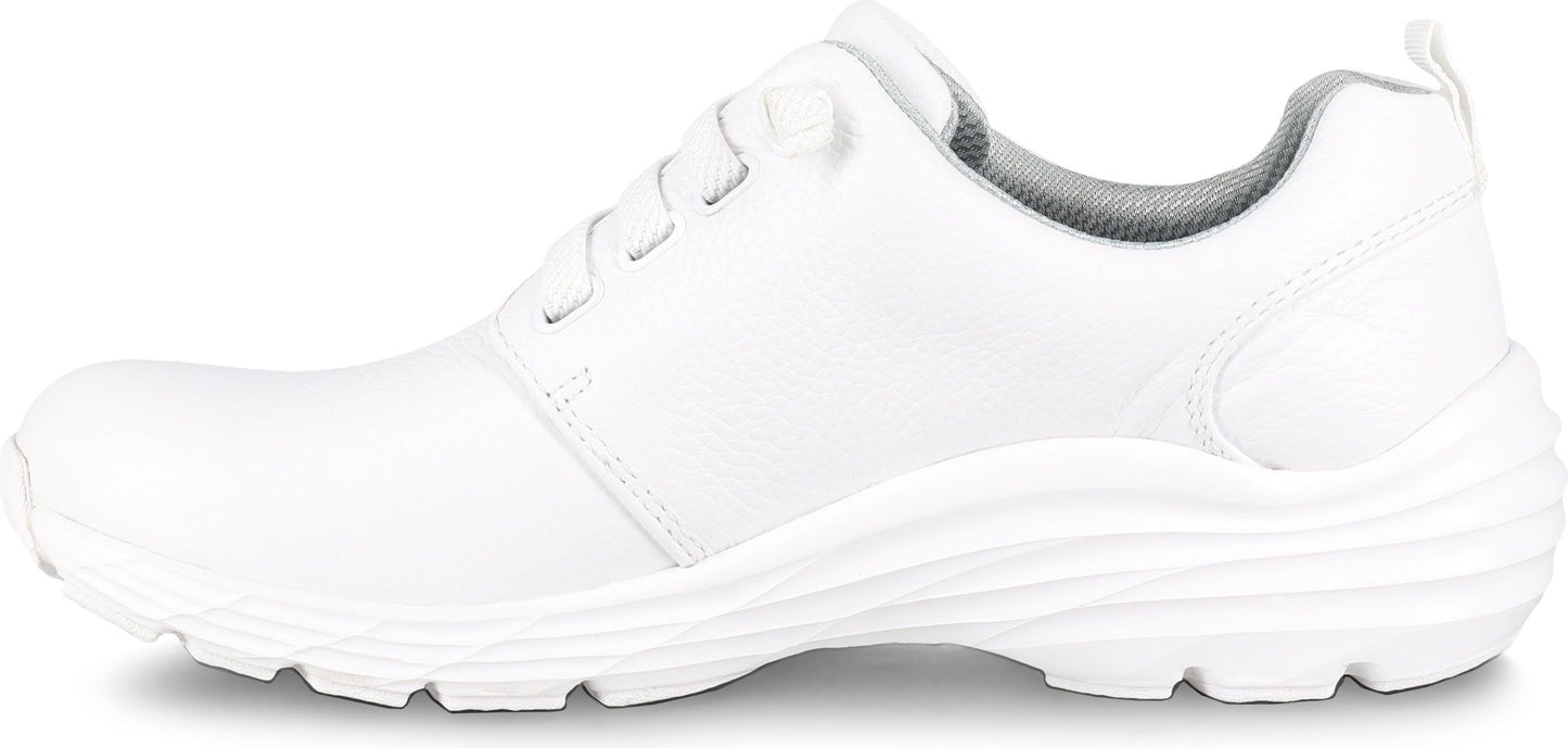 A white laced-up sneaker with a white sole and gray interior.