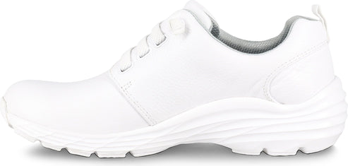 A white laced-up sneaker with a white sole and gray interior.