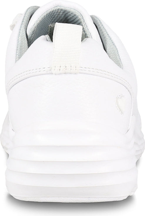 Back view of a white sneaker with white laces and a white cushioned heel.