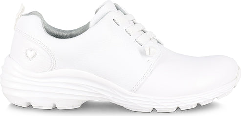 A white lace-up shoe with a low heel and a heart emblem on the side.
