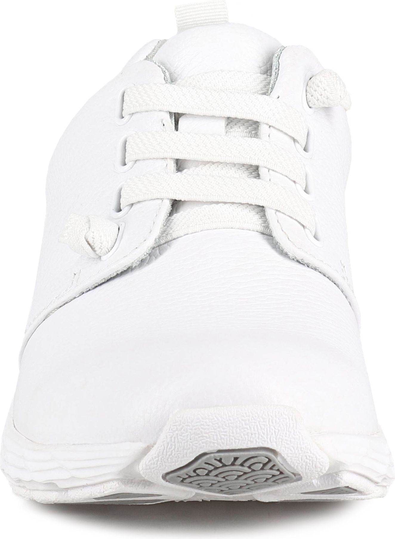 Front view of a white shoe with laces.
