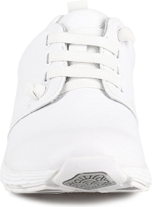 Front view of a white shoe with laces.