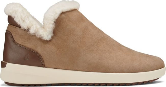 Slip-on shoe with tan suede upper, faux fur trim, brown heel, and white sole.