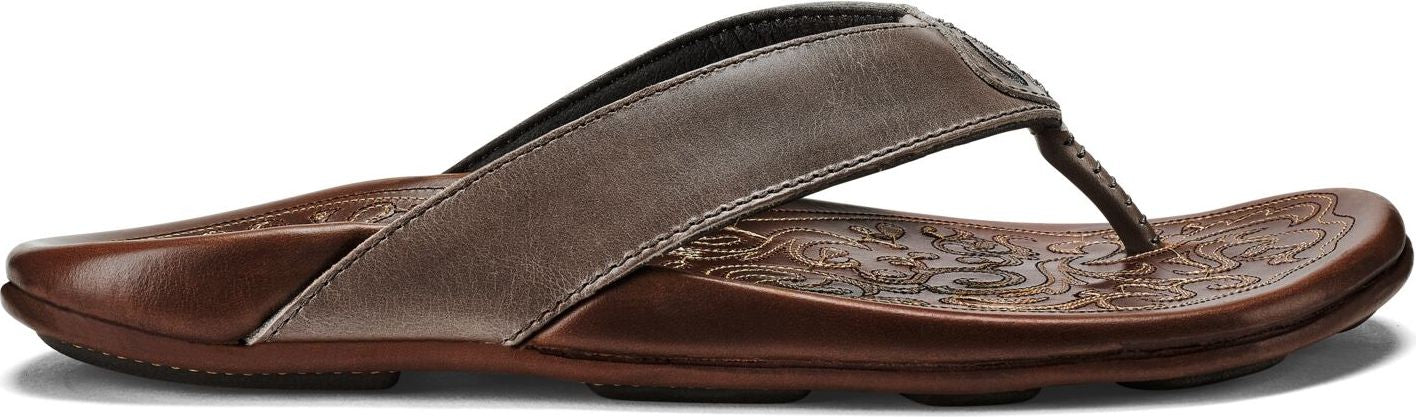 A brown flip-flop with a grey strap.