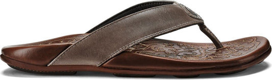 A brown flip-flop with a grey strap.