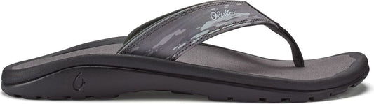 A gray flip-flop with a patterned strap.